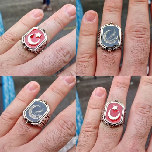 925 Ayar Ayyıldızlı Hilal Kurt Siyah Mineli Çift Taraflı Gümüş  Erkek Yüzük