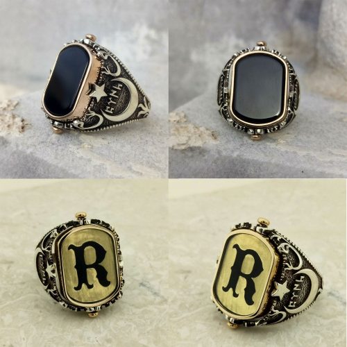 925 Ayar Gümüş Siyah Mineli Resimli Kişiye Özel Harf Yazılı Çift Taraflı Erkek Yüzük