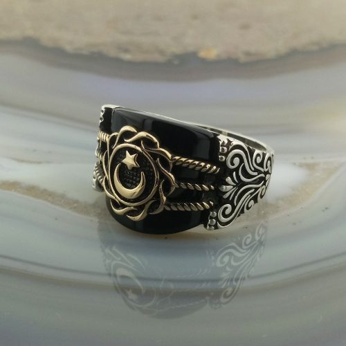 925 Ayar Gümüş Siyah Köprü Taşlı Ay yıldızlı Erkek Yüzük