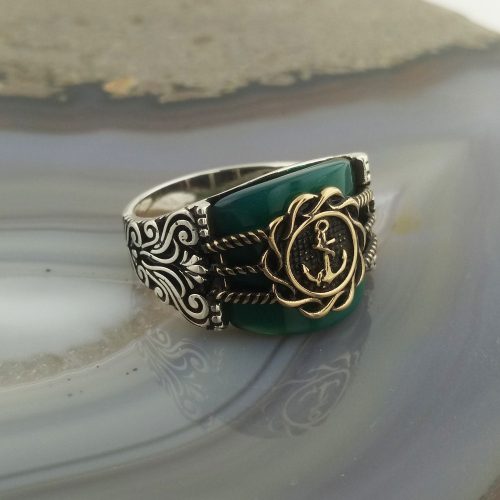 925 Ayar Gümüş Yeşil Köprü Taşlı Denizci Çapası Erkek Yüzük