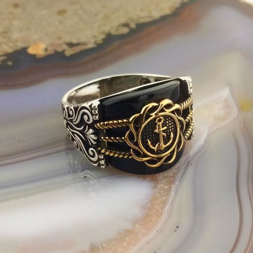 925 Ayar Gümüş Siyah Köprü Taşlı Denizci Çapası  Erkek Yüzük