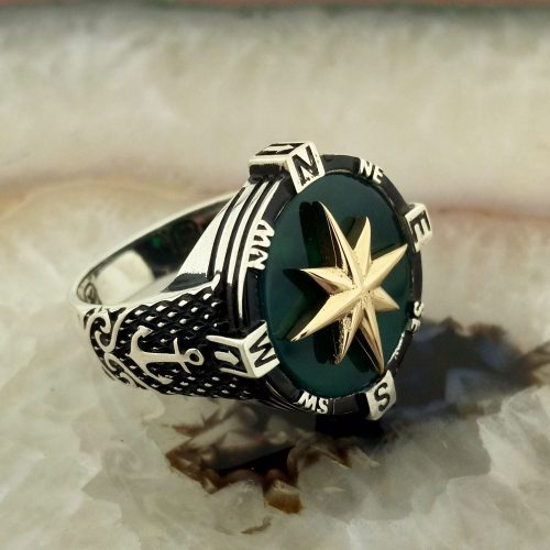 925 Ayar Gümüş Yeşil Oniks Taşlı Pusula Erkek Yüzük