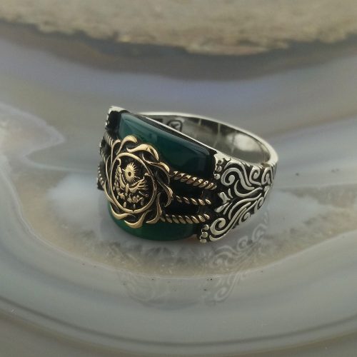 925 Ayar Gümüş Yeşil Köprü Taşlı Devlet Arması Erkek Yüzük