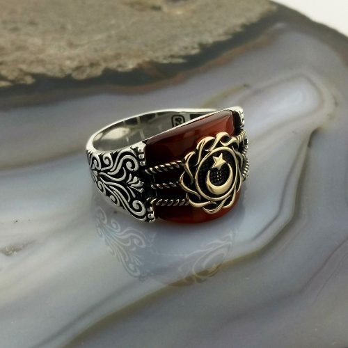 925 Ayar Gümüş Akik Köprü Taşlı Ay yıldızlı Erkek Yüzük