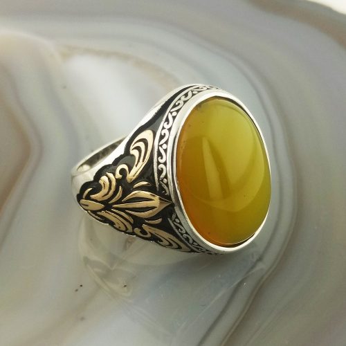 925 Ayar Gümüş Motifli Sarı Yemen Akik Taşlı Erkek Yüzük