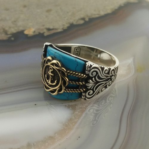 925 Ayar Gümüş Firuze Taşlı Denizci Çapası Erkek Yüzük