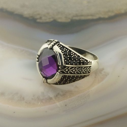 925 Ayar Gümüş Fasetli Ametist Taşlı  Erkek Yüzük