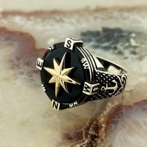 925 Ayar Gümüş Siyah Oniks Taşlı Pusula Erkek Yüzük