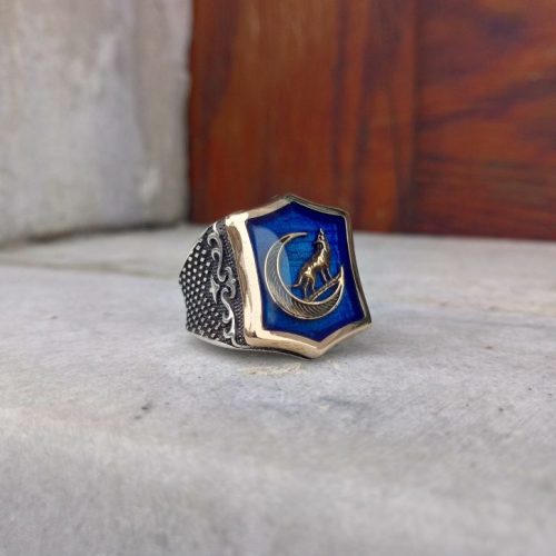 925 Ayar Gümüş Mavi Mineli Hilal Kurt Motifli Erkek Yüzük