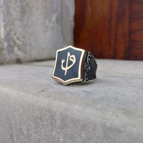 925 Ayar Gümüş Siyah Mineli Vav Elif İşlemeli Erkek Yüzük