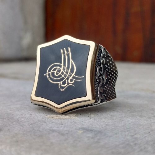 925 Ayar Gümüş Siyah Mineli Tuğra Motifli Erkek Yüzük