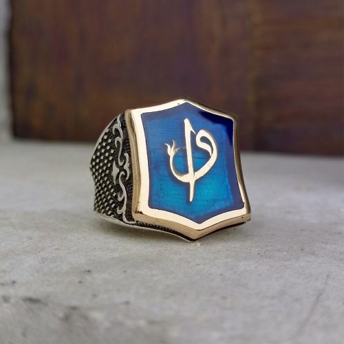 925 Ayar Gümüş Mavi Mineli Vav Elif İşlemeli Erkek Yüzük