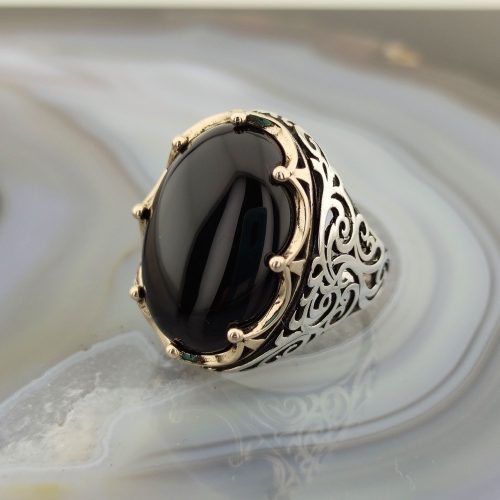 925 Ayar Gümüş Siyah Oniks Taşlı Kral Tacı Erkek Yüzük