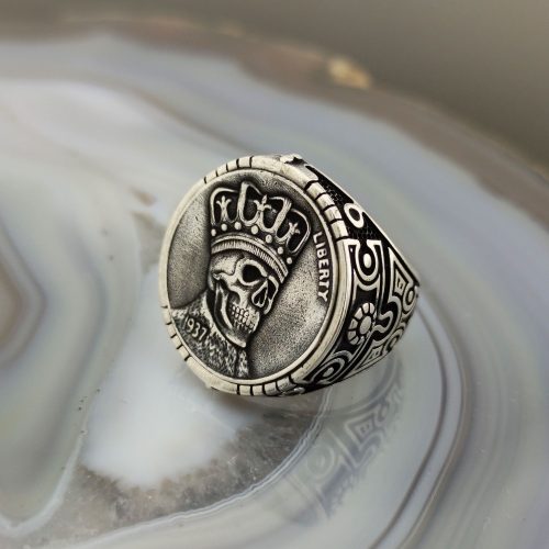 925 Ayar Gümüş Kuru Kafa İşlemeli Liberty Erkek Yüzük