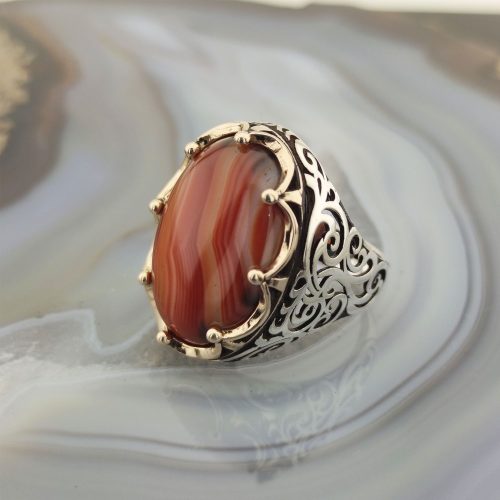 925 Ayar Gümüş Çizgili Akik Taşlı Kral Tacı Erkek Yüzük