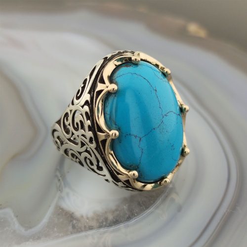 925 Ayar Gümüş Firuze Taşlı Kral Tacı Erkek Yüzük