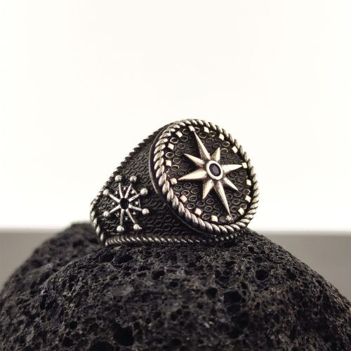 925 Ayar Gümüş Mavi Taşlı Pusula Erkek Yüzük