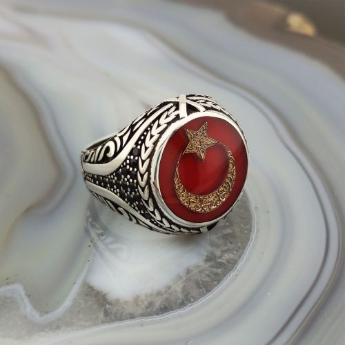 925 Ayar Gümüş Siyah Mikro Taşlı Yuvarlak Ay Yıldız Erkek Yüzük