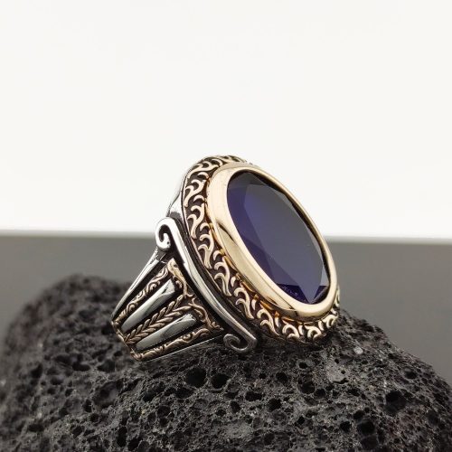 925 Ayar Gümüş Mavi Taşlı Sütun Detaylı Erkek Yüzük