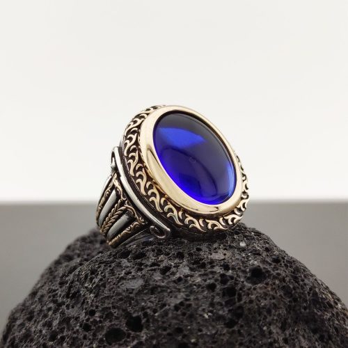 925 Ayar Gümüş Mavi Zirkon Taşlı Sütun Desenli Erkek Yüzük