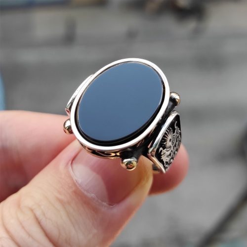 925 Ayar Gümüş Siyah Oniks Taşlı Osmanlı Arması Erkek Yüzük