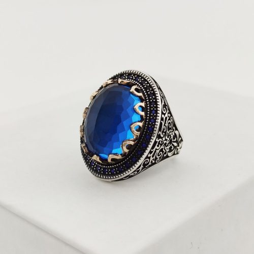 925 Ayar Gümüş Aquamarin Taşlı Sarmaşık Desenli Erkek Yüzük