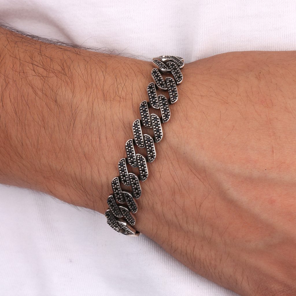 925 K Silver Stone Patterned Gourmette Men's Bracelet
