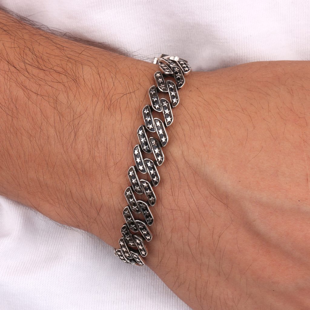 925 K Silver Star Engraved Gourmette Chain Men's Bracelet
