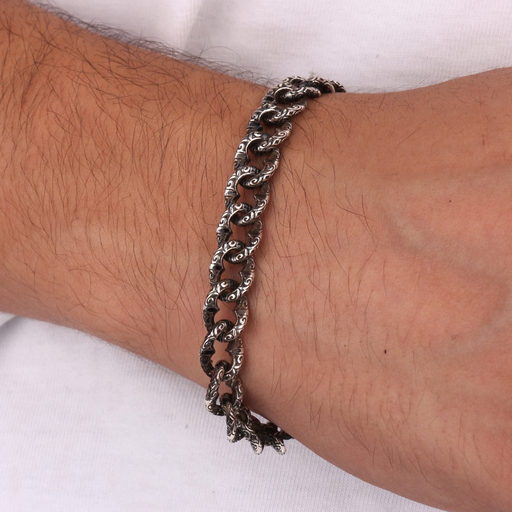 925 K Silver Ivy Engraved Twist Chain Men's Bracelet