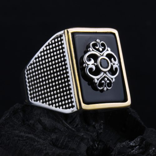 925-ayar-gumus-otantik-motif-detayli-siyah-tasli-erkek-yuzuk